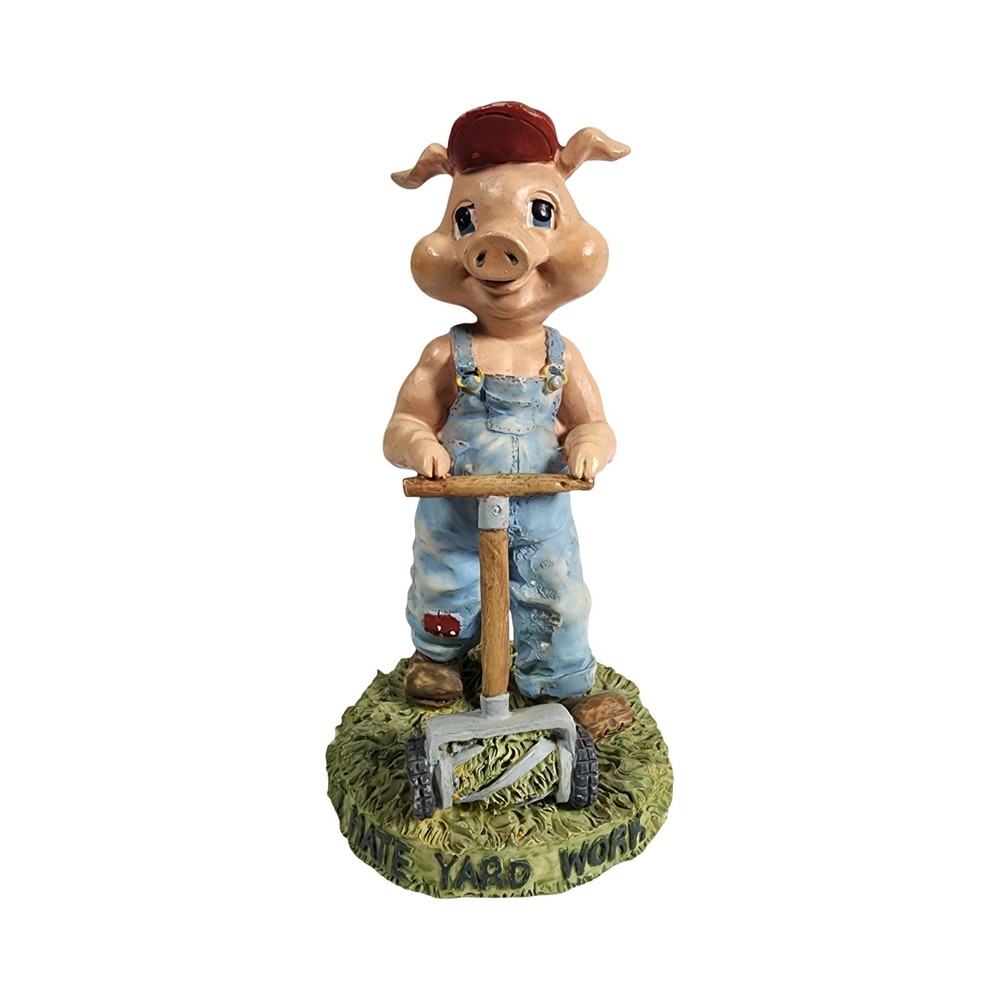 John Pig I Hate Yard Work Figurine Resin Pig in Overalls Mowing Lawn Statue